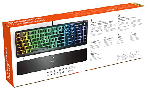 SteelSeries Apex 3 - Teclado RGB para gaming - Iluminación RGB de 10 zonas - Resistencia al agua IP32 - Reposamuñecas magnético superior - Teclado QWERTY Estadounidense
