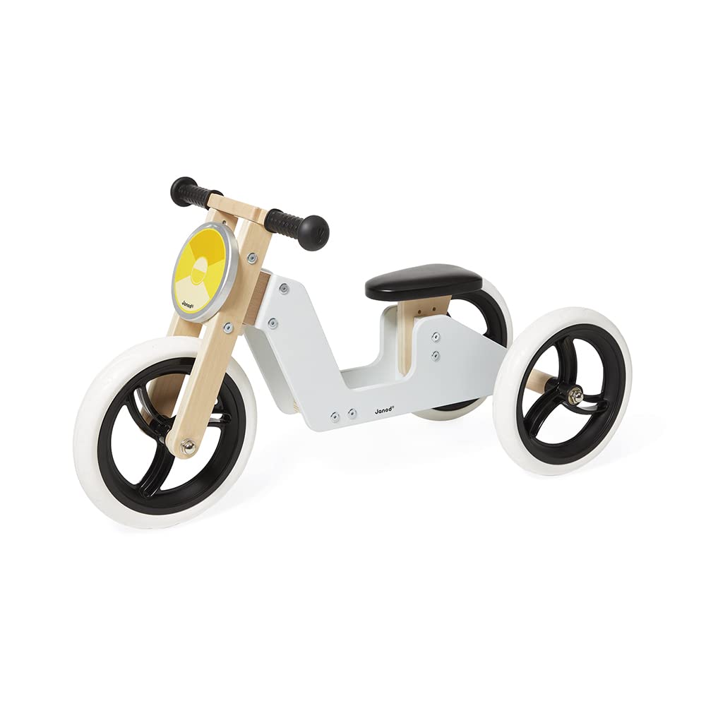 Janod - Bici sin Pedales Triciclo Evolutivo de Madera 2 en 1 - Asiento Regulable y Manillar Ergonómico - Vintage - Equilibrio y Autonomía - Gris - A Partir de 18 Meses, J03280