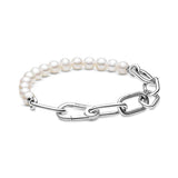 PANDORA ME Pulsera de eslabones de plata de ley con perlas blancas cultivadas en agua dulce, 1