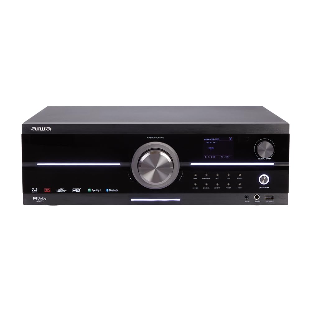 AIWA AVR-7210 Receptor de Audio y Video de 7.2 Canales con Dolby Atmos, Spotify Streaming, AirPlay 2, Bluetooth 5.2 y UHD 4K Passthrough - 1155W Total. Color: Negro
