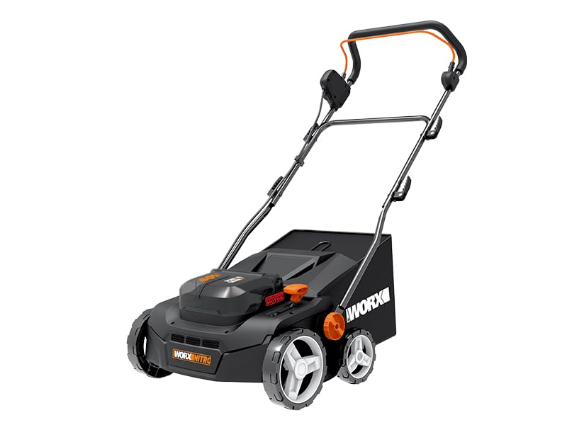WORX Nitro WG855E.9 - Escarificador de batería y aireador de césped (hasta 400 ㎡, Ancho de Trabajo de 36 cm, Motor sin escobillas, 4 Niveles de Ajuste de Altura, Incluye Bolsa de Hierba de 40 L, sin