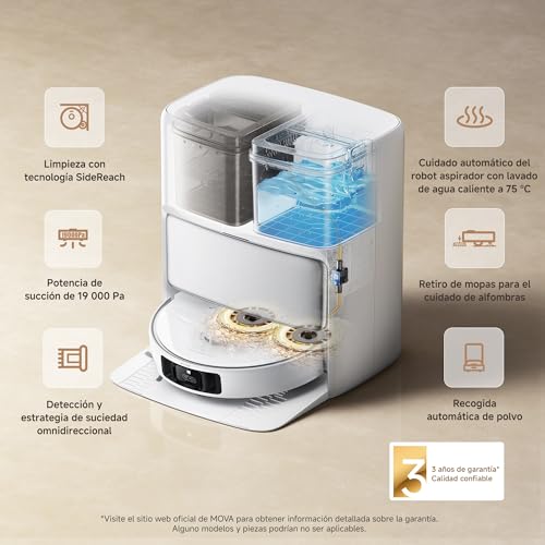 MOVA P50 Pro Ultra Robot Aspirador y Fregasuelos, 19000 Pa, Limpieza de Rincón a Bordes, Autolimpieza de Tabla de Lavado y Mopas a 75 Grados C, Vaciado Automático, Evasión de Obstáculos
