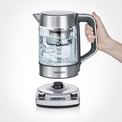 SEVERIN - Hervidor de té y agua de cristal con elevación automática, 1.7 L, 3000 W, Elemento calefactor oculto por placa de acero inoxidable, acero inoxidable y cristal, WK 3422