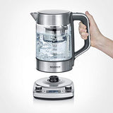 SEVERIN - Hervidor de té y agua de cristal con elevación automática, 1.7 L, 3000 W, Elemento calefactor oculto por placa de acero inoxidable, acero inoxidable y cristal, WK 3422