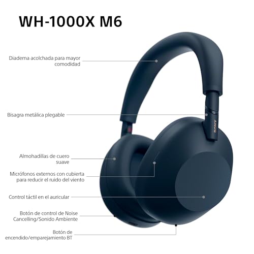 Sony WH-1000XM6 Auriculares Bluetooth inalámbricos con Noise Cancelling, Sonido de Alta resolución, cómodos, diseño Plegable, Estuche Resistente, 30 Horas de batería, iOS y Android - Azul Medianoche