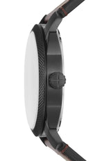Fossil Reloj para hombre Machine, movimiento de cuarzo, caja de 42 mm de acero inoxidable negro con correa de piel Pro-Planet, FS5901
