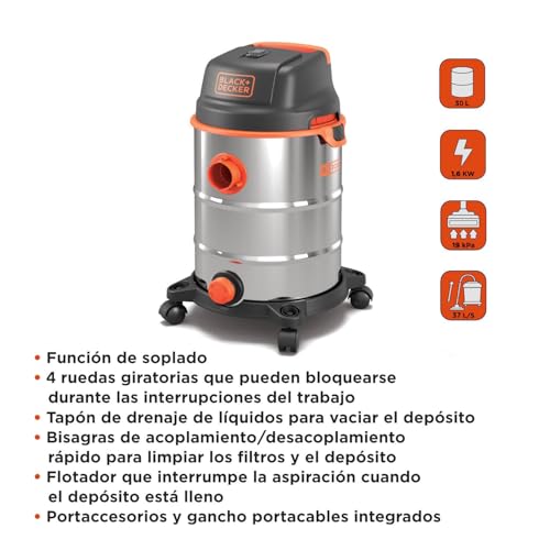 Black+Decker BXVC30XDE Aspirador Multiuso de sólidos y líquidos (1600 W, 30 L, Acero INOX)