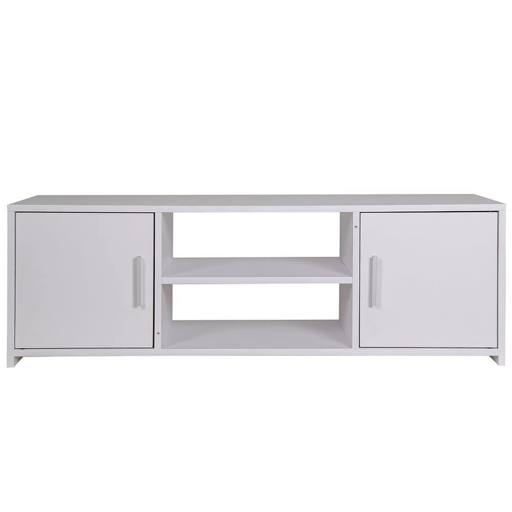 BAKAJI Mueble de TV de Madera MDF aparador con Base de televisión, 2 Compartimentos Abiertos, para Videojuegos y 2 Puertas, tamaño 110 x 35 x 36 cm, Color Blanco, diseño Moderno