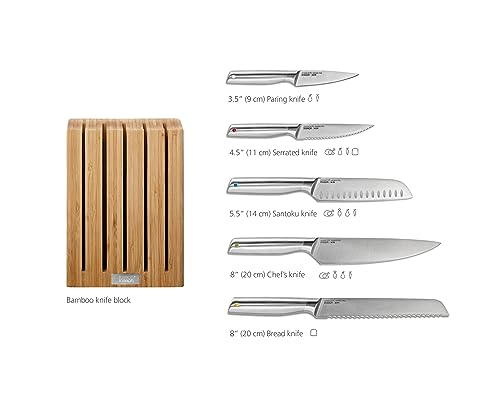 Joseph Joseph Elevate Cuchillos de Cocina Profesionales, Acero Inoxidable Japones, 5 piezas, Bloque en Bambú