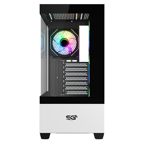 SaharaGaming SG520 con 3 Ventiladores ARGB de Espejo Blanco de 12 cm y Mini Ventilador PWM con Carcasa templada para Juegos con USB 3.0 y USB 2.0, soporta AIO de hasta 360 mm, Fuente de alimentación