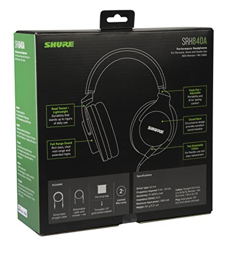 Shure SRH840A Auriculares con Cable de oído para Escuchar y monitoreo crítico, Profesionales, Sonido detallado, diseño Ajustable y Plegable