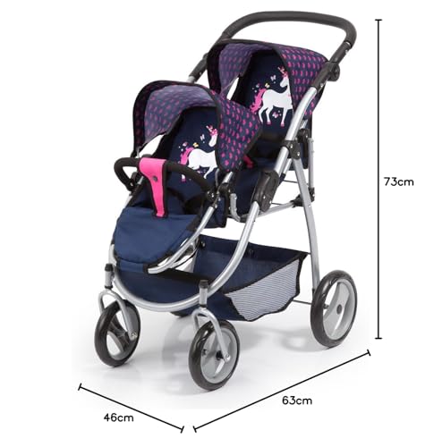 Bayer Design 26554Aa, Carrito Doble Para Muñecas, Cochecito Gemelar Juguet, Altura Regulable, Plegable, Diseño Único Rnio, Azul, Rosa, Color