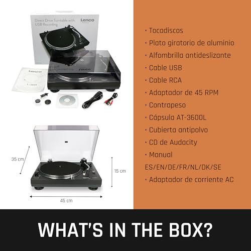 Lenco L-3808 Tocadiscos USB DJ con Direct Drive - 33/45 rpm, sistema de captación magnética, iluminación de aguja y digitalización para PC, Negro