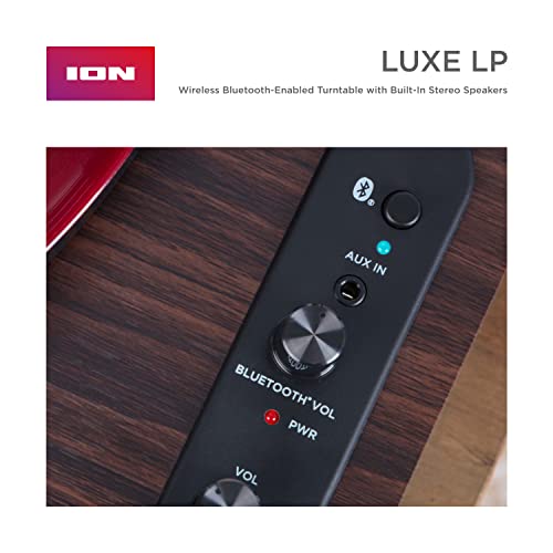 ION Audio Luxe LP - Tocadiscos de Vinilo Bluetooth con Altavoces, conversión USB, Plato de tamaño Completo, Auto-Stop, Salida de Auriculares, 3 velocidades, Madera Tintada