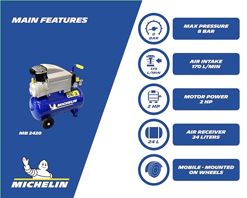 MICHELIN - Compresor de aire MB24 - Tanque de 24 litros - Motor de 2 CV - Presión máxima 8 bar - Flujo de aire 170 l/min - 10,2 m³/h