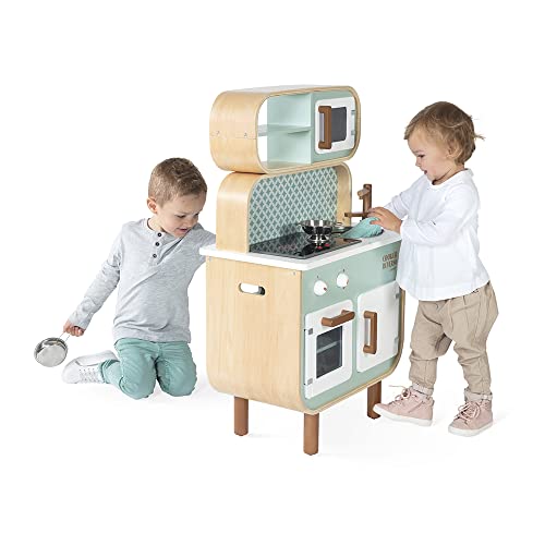 Janod - Cocina de doble cara- Cocina de madera para niños Recto-Verso - Cocina con luz y sonido - Con 7 accesorios - De 3 a 8 años, J06594