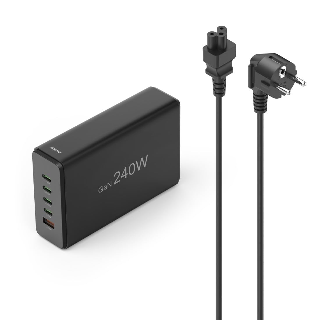 Hama | Estación de Carga rápida 240W (5 Puertos USB, 4xUSB-C, 1xUSB-A, QC, GAN, PD, Cargador rápido para portátiles) Negro
