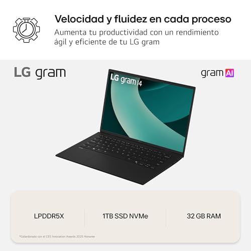 LG gram 14Z90T-G.AD88B Portátil 14 Pulgadas, FHD IPS, Intel Core Ultra7, 32GB RAM, 1TB SSD, Antirreflejo, 1.120 g, Batería hasta 30h, Windows 11, Negro