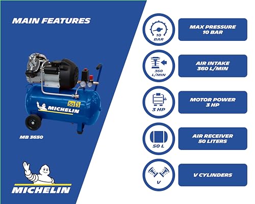MICHELIN - Compresor de aire portátil MB3650 - Tanque de 50 litros - Motor de 3 hp - Presión máxima 10 bar - Flujo de aire 360 l/min - 21.6 m³/h