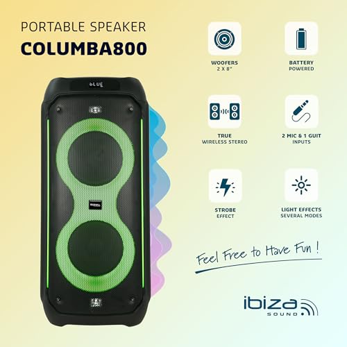 Ibiza - COLUMBA800 - Potente Altavoz 2x8/20cm con batería Recargable - Bluetooth, Micro-SD, USB, Aux, 2 Mic IN, 1 GT IN, RCA out - TWS - LED Multicolor Infinito - Mango
