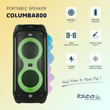 Ibiza - COLUMBA800 - Potente Altavoz 2x8/20cm con batería Recargable - Bluetooth, Micro-SD, USB, Aux, 2 Mic IN, 1 GT IN, RCA out - TWS - LED Multicolor Infinito - Mango