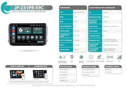 Radio de Coche para Peugeot 2008 208 Android GPS Bluetooth WiFi USB Dab+ Touchscreen 10" 8core Carplay AndroidAuto
