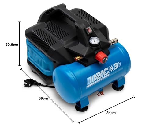 ABAC Compresor de aire silencioso portátil EASE-AIR 6, Compresor de aire sin aceite, Presión máxima 8 bar, Potencia 0.75 Hp, Depósito 6 litros, Nivel sonoro 49 dB