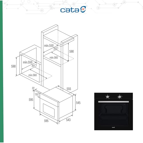 Cata Horno Estático SES 6004 BK 4 Funciones Puerta Panorámica Full Glass Limpieza AquaSmart Iluminación Interior Ancho de 60 cm Gran Capacidad 62 L Iluminación Interior Acabado Inox Cristal Negro