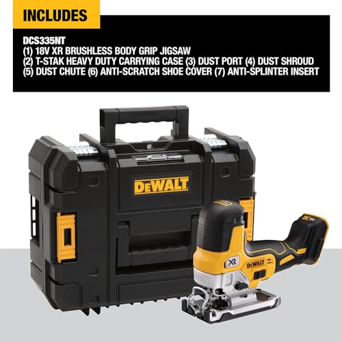 DEWALT DCS335NT-XJ, Sierra de calar sin escobillas 18V XR, Incluye maletín TSTAK, 3200cps/min, Corte madera 135mm /Acero 10mm, No incluye batería ni cargador