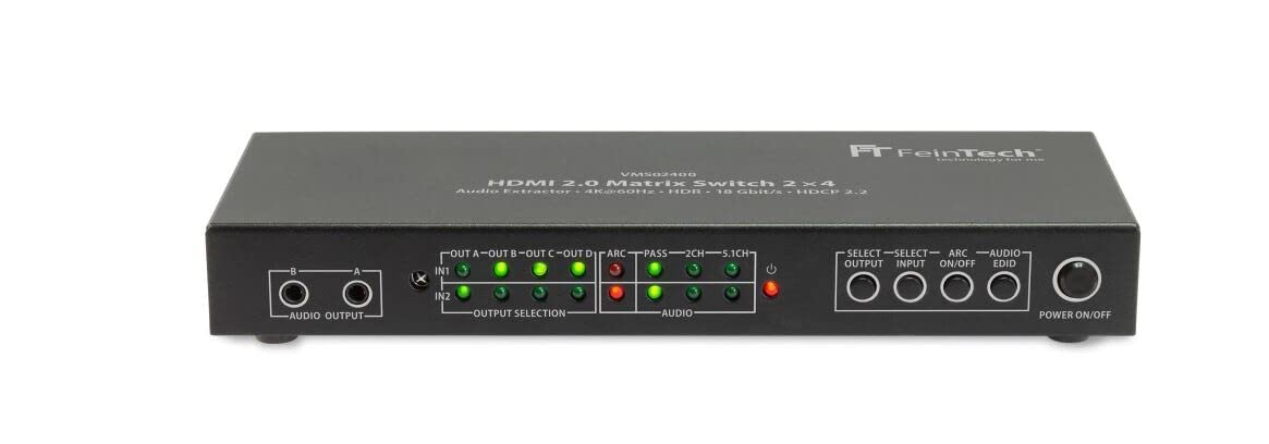 FeinTech Divisor de conmutación matricial HDMI 2.0 VMS02400, 2 entradas, 4 salidas, extractor de audio 4K 60 Hz HDR