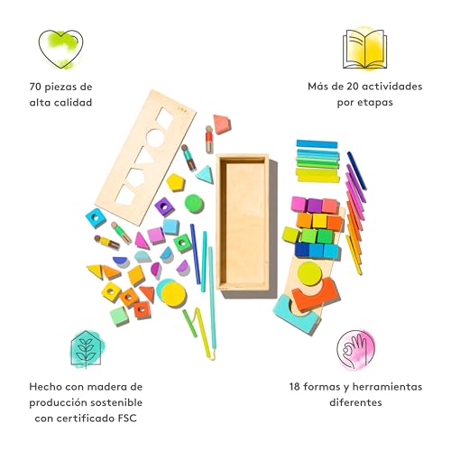Lovevery | El Juego de Bloques | Bloques de Construcción y Piezas de Madera Maciza + Caja de Almacenaje de Madera, se Convierte en un Coche de Tracción, 70 Piezas, 20+ Actividades, Edad 12+ Meses