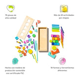 Lovevery | El Juego de Bloques | Bloques de Construcción y Piezas de Madera Maciza + Caja de Almacenaje de Madera, se Convierte en un Coche de Tracción, 70 Piezas, 20+ Actividades, Edad 12+ Meses