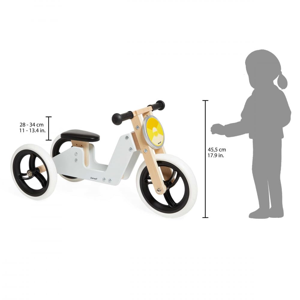 Janod - Bici sin Pedales Triciclo Evolutivo de Madera 2 en 1 - Asiento Regulable y Manillar Ergonómico - Vintage - Equilibrio y Autonomía - Gris - A Partir de 18 Meses, J03280