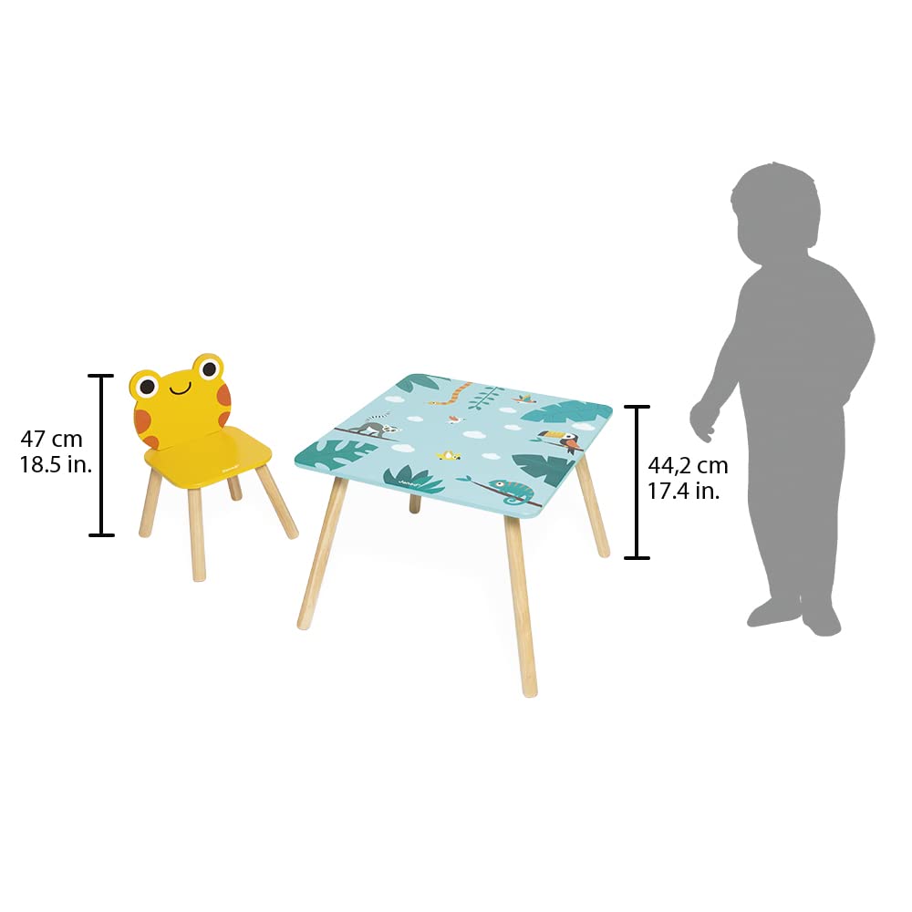 Janod - Mesa y 2 Sillas de Madera Tropik - Mobiliario para Niños - Mesa 55 x 55 cm, Silla Rana y Silla Jaguar - Pintura al Agua - A partir de 3 Años, J08273