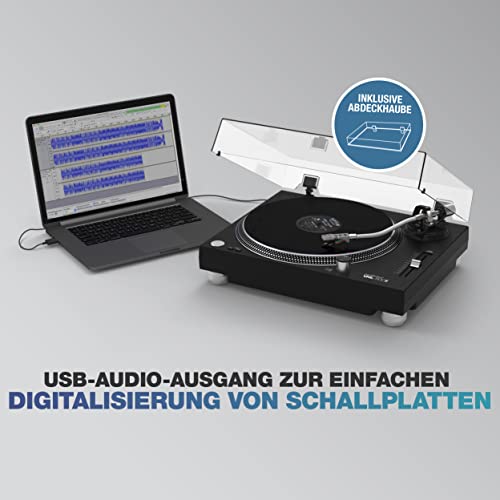 Glorious VNL-500 tocadiscos de accionamiento directo para DJ o Hifi con salida USB para grabación digital, selección de velocidad 33/45, rango de paso ajustable, carcasa, cartucho y cubierta antipolvo