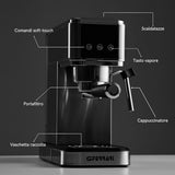 G3 Ferrari G10189 Tiffany Máquina de Café Espresso, 15 Bares, Calientatazas, Compatible con Monodosis y Café Molido, Función de Stop, Vaporizador para Capuchino, 3 Filtros IOX, Depósito de 1L, Gris