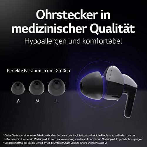 LG TONE Free FN5 Auriculares True Wireless con autolimpieza UVnano que elimina el 99,9% de las bacterias, tecnología Meridian Sound, doble micrófono para llamadas en la oficina y carga rápida en negro