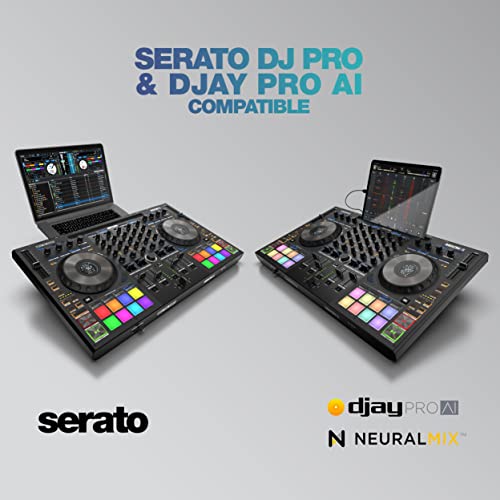 Reloop Mixon 8 Pro | 4-Kanal -Multi-Platform-Performance-Controller für Serato & djay, Jogwheel -Displays & 4 Instant-FX-Kippschalter, Dual-Audio-Interface mit USB-C & Stand-Alone-Mixing