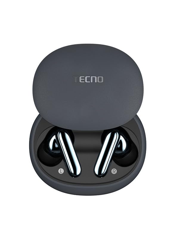 Tecno True 1 TWS Auriculares in-Ear con reducción de Ruido con Graves Profundos, 45 Horas de reproducción, IPX5 Resistente y Compartimento para batería portátil, Gris