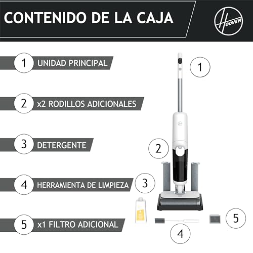 Hoover HW5 Wet and Dry – Aspirador en seco y húmedo, sin Cable, función de fregado, Motor de Alta Potencia, Sistema de Doble Rodillo, 3 Modos, autolimpieza, Aspirador/fregona 2 en 1, 230 W [HW500]