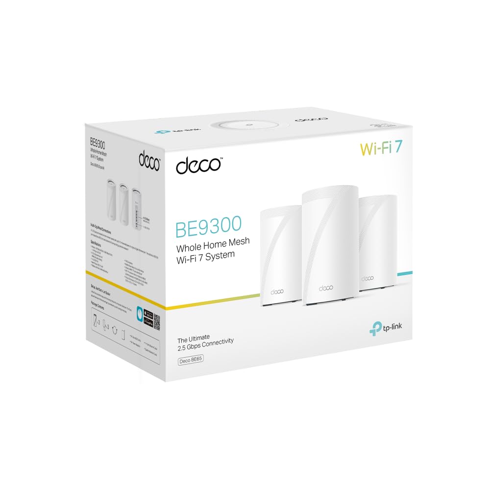 TP-Link Deco BE65(3-Pack) - BE9300 Wi-Fi 7 Mesh WLAN Set (Paquete de 3), Tribanda 5760 Mbit/s (6 GHz) + 2880 Mbit/s (5 GHz) + 574 Mbit/s (2,4 GHz), 6 transmisiones, 4 Puertos 2.5G, 1 USB 3.0