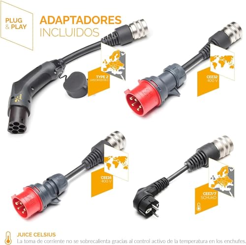 Juice Booster 2 Traveller Plus Set, Mobile Wallbox 22kW Sin Instalación, Cargador Coche Electrico con Cable Tipo 2, Ligero e Impermeable IP67, Incluye CEE 32/16 Rojo + EU Schuko + Adaptador Tipo 2