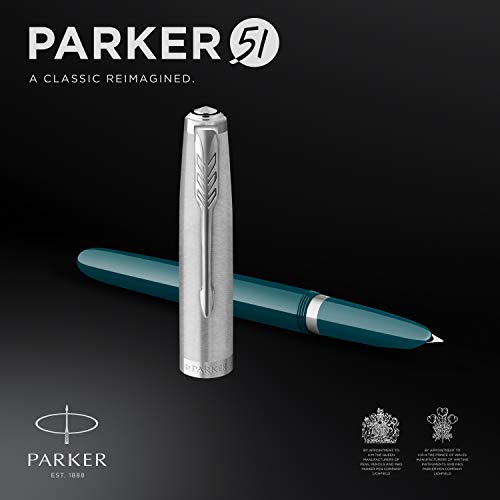 Parker 51 pluma estilográfica | cuerpo azul verdoso con adorno cromado | plumín fino con cartucho de tinta negra | estuche de regalo