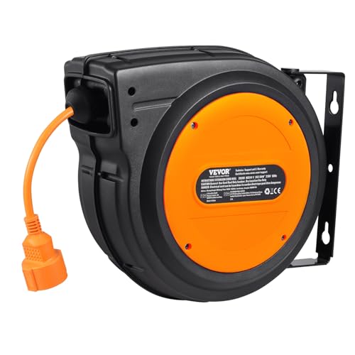 VEVOR Carrete de Cable de Extensión Retráctil 19 m 1600 W con Cable de Alimentación de 1 m Protección contra Sobrecalentamiento Carcasa de PP, Soporte Giratorio de 180° para Montaje en Techo, Pared