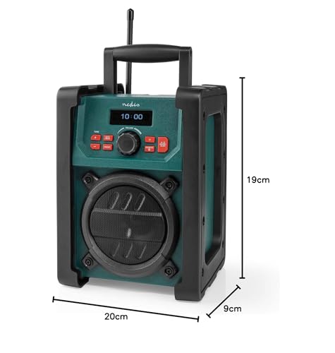 Nedis Dab + Radio | Mesa de ejecución | Dab+ / FM | 2.2" | Monitor Blanco | Funciona con Pilas/Fuente de alimentación de Red | Digital | 15 W | Bluetooth | Despertador | IP65 | Asa de Transporte |