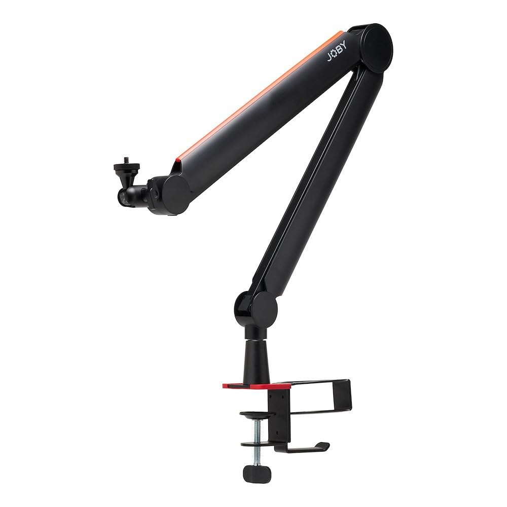 JOBY Wavo Boom Arm, Brazo de Jirafa para Micrófono Profesional, Streamings y Podcasts, Silencioso, Soporte para Vaso y Auriculares, Abrazadera de Mesa, Canaleta Oculta para Manejo de Cables, Negro
