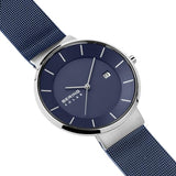 BERING 14639-307 Reloj solar para hombre con caja de acero inoxidable plateado de 39 mm y esfera azul, correa milanesa, cristal de zafiro y resistencia al agua de 5 ATM