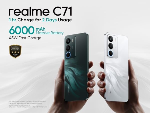 realme C71 4G Smartphone,6+128GB,Batería 6000 mAh,Carga 45W,Cámara AI de 50MP,RAM dinámica de 24 GB,120 Hz,Resistencia a Impactos de Nivel Militar,Resistencia al Agua a Diario,Verde(Sin Adaptador)