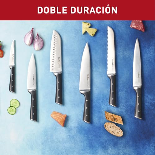 Tefal Ice Force – Bloque de 7 cuchillos: Pan 20 cm, Chef 20cm, Santoku 18 cm, Universal 11cm, Pelar 9cm | Acero Inoxidable Alemán, Corte Preciso, Mango Remachado, Resistente a la Corrosión