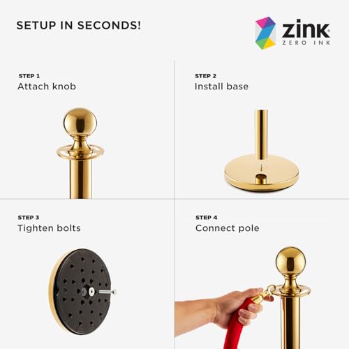 Zink Paquete de Alfombra Roja Zink - 4 Postes Dorados de Acero Inoxidable de 90 cm con Cuerda de Terciopelo de 1,5 m para Fiestas, fotomatones, Bodas, teatros, etc.